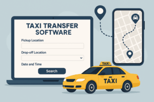 Screenshot of taxi transfer software interface displaying dashboard with booking management features