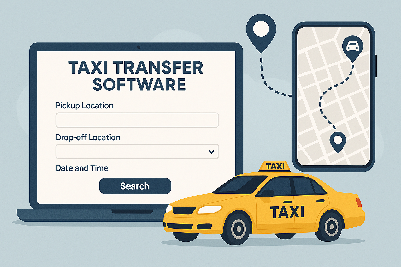 Screenshot of taxi transfer software interface displaying dashboard with booking management features