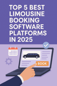 Illustration of a person booking a limousine on a laptop with icons for calendar and settings, titled Top 5 Best Limousine Booking Software Platforms in 2025