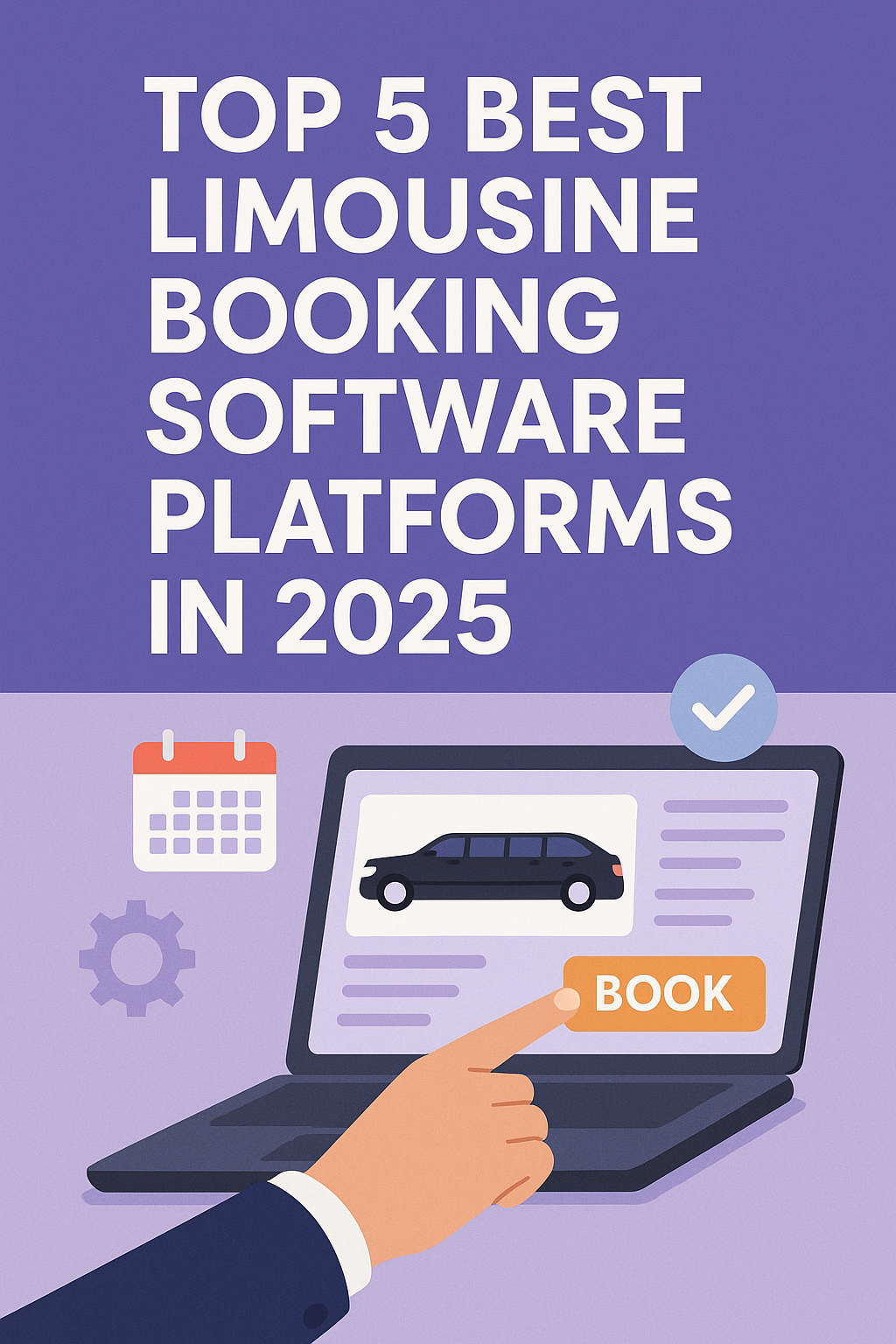 Illustration of a person booking a limousine on a laptop with icons for calendar and settings, titled Top 5 Best Limousine Booking Software Platforms in 2025