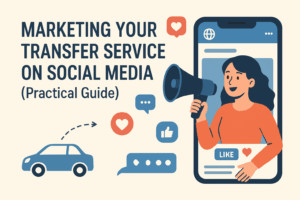 Flat-style digital illustration showing a woman holding a megaphone inside a smartphone screen, surrounded by social media icons like hearts, likes, and chat bubbles. On the left, a car icon with an arrow represents transfer services. Large text reads: Marketing Your Transfer Service on Social Media (Practical Guide).