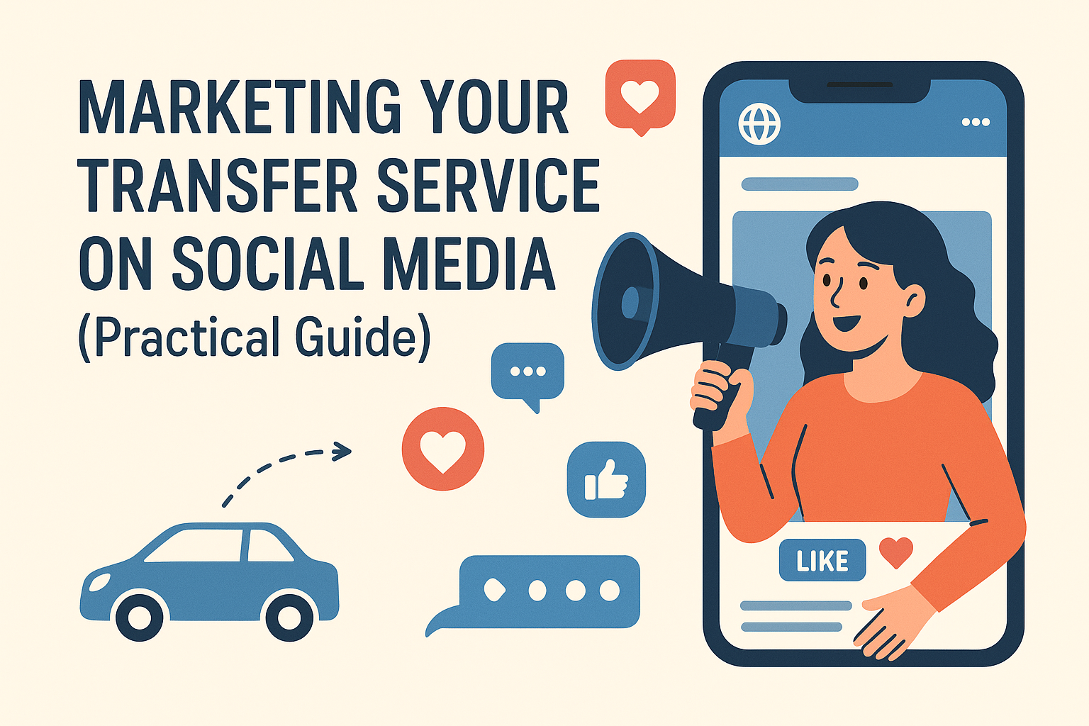 Flat-style digital illustration showing a woman holding a megaphone inside a smartphone screen, surrounded by social media icons like hearts, likes, and chat bubbles. On the left, a car icon with an arrow represents transfer services. Large text reads: Marketing Your Transfer Service on Social Media (Practical Guide).