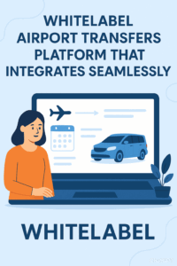 Εικονογράφηση που δείχνει μια γυναίκα δίπλα σε φορητό υπολογιστή με την οθόνη να εμφανίζει πλατφόρμα κρατήσεων αεροδρομιακών μεταφορών. Το κείμενο γράφει «Whitelabel Airport Transfers Platform That Integrates Seamlessly».