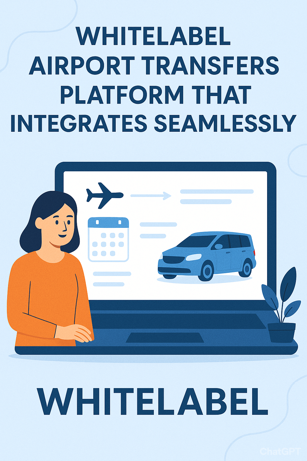 Εικονογράφηση που δείχνει μια γυναίκα δίπλα σε φορητό υπολογιστή με την οθόνη να εμφανίζει πλατφόρμα κρατήσεων αεροδρομιακών μεταφορών. Το κείμενο γράφει «Whitelabel Airport Transfers Platform That Integrates Seamlessly».