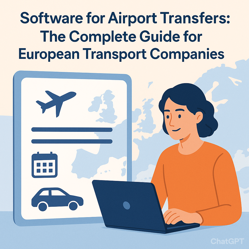 Illustration showing a man working on a laptop with a map of Europe in the background and a software window displaying icons of an airplane, calendar, and car. The text reads “Software for Airport Transfers: The Complete Guide for European Transport Companies.”