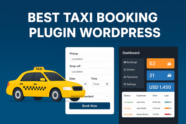 Illustration of a yellow taxi beside a WordPress booking form and dashboard interface, representing the best Taxi booking plugin for WordPress.