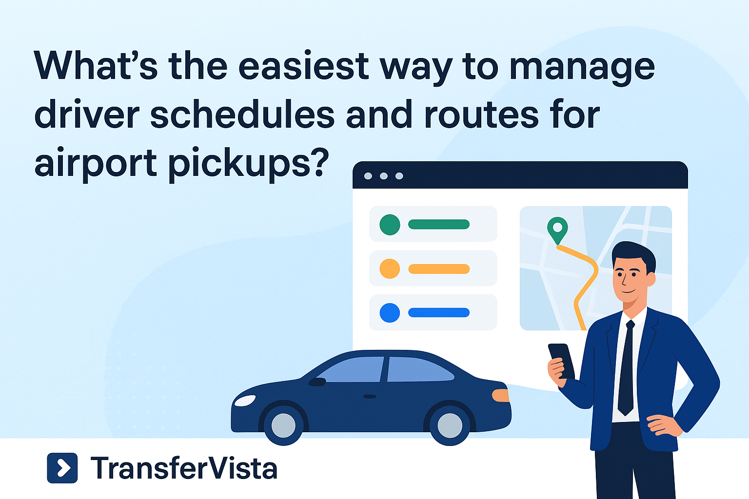 What’s the easiest way to manage driver schedules and routes for airport pickups? Illustration showing a professional driver, car, and scheduling interface promoting TransferVista.